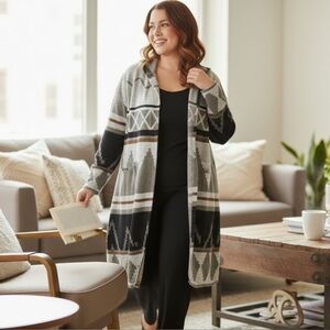 Cato Longline Hooded Cardigan Sweater – Geometric Aztec Print
